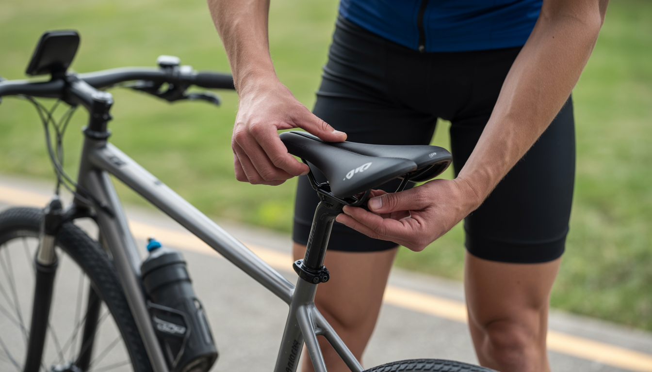 Cycliste debout ajustant la selle d’un vélo en extérieur, scène réaliste montrant le confort ergonomique et la réduction de la pression périnéale.