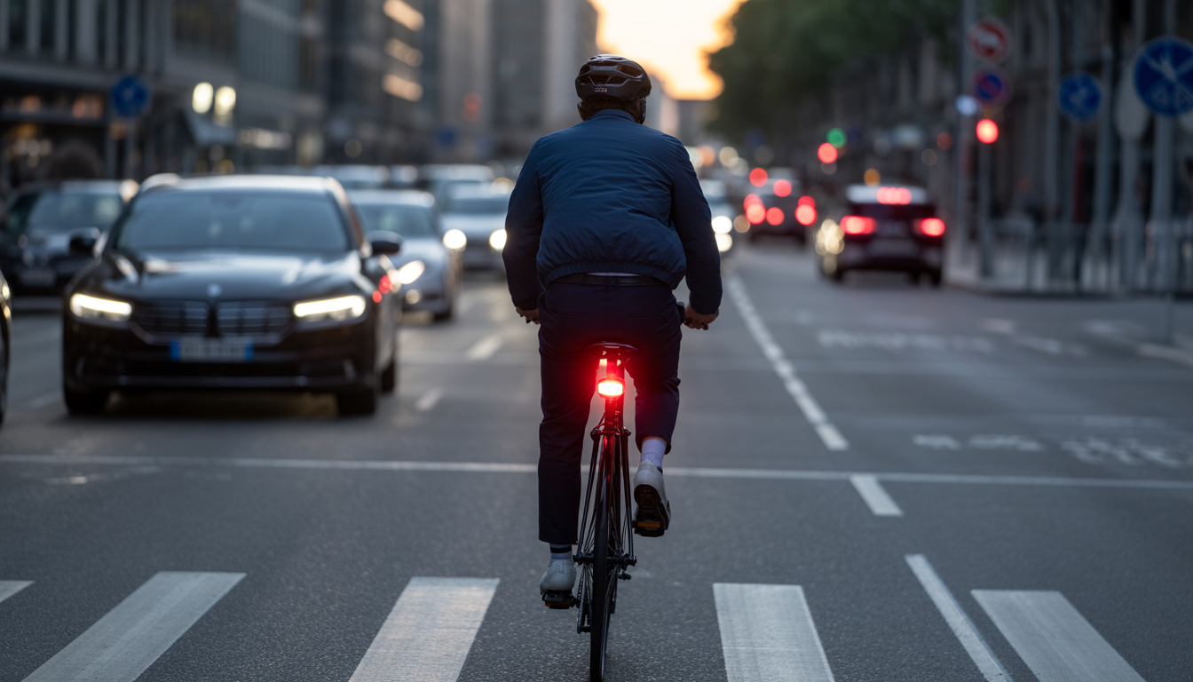 Clignotants vélo utiles ou non ? Cycliste urbain de nuit avec clignotant rouge arrière sur son vélo, dans une rue sombre à circulation dense, un automobiliste ralentit pour le laisser passer.