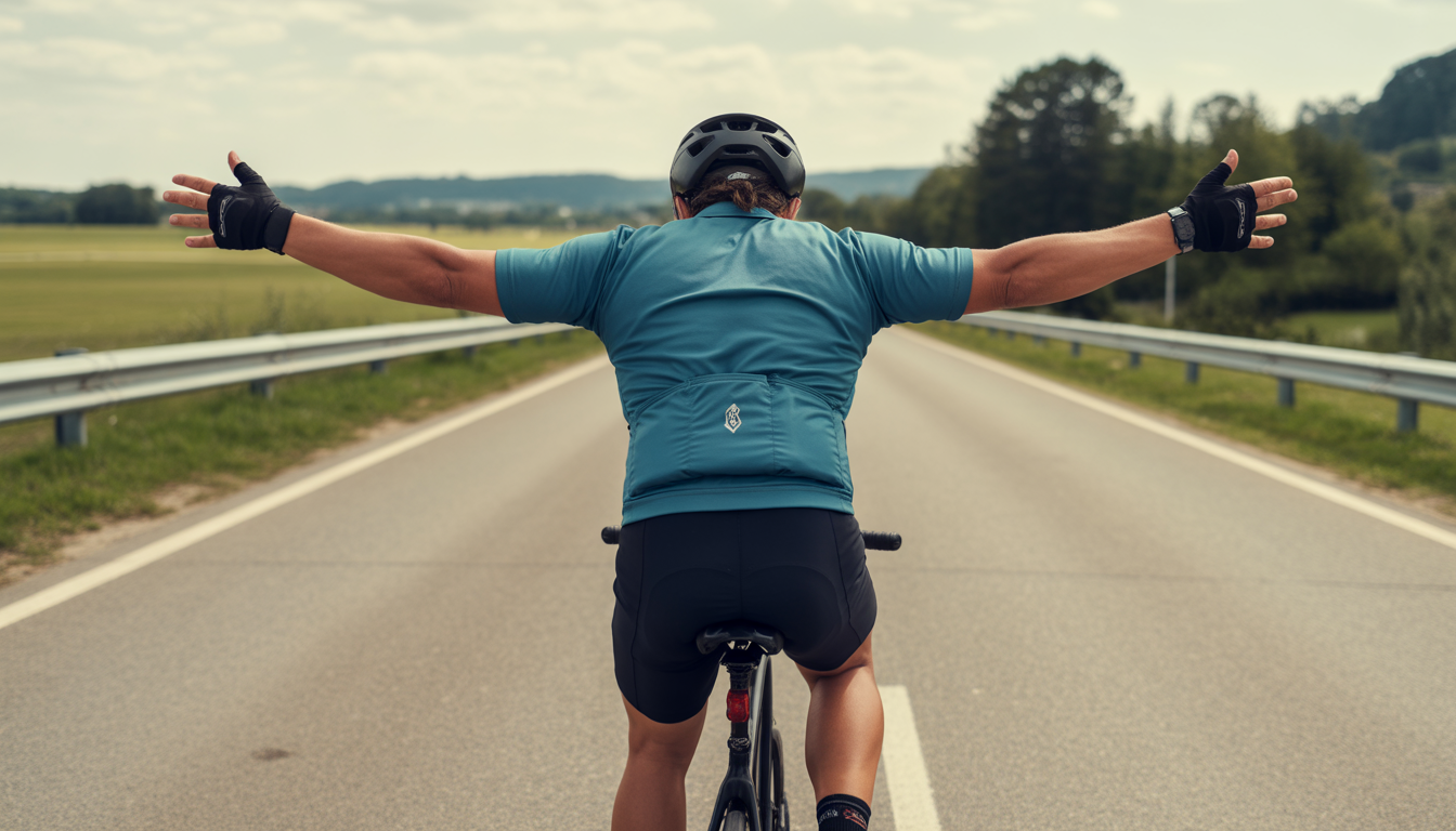 Cycliste de route en position détendue sur son vélo, mains posées sur les cocottes du guidon, épaules relâchées, sur une route paisible.