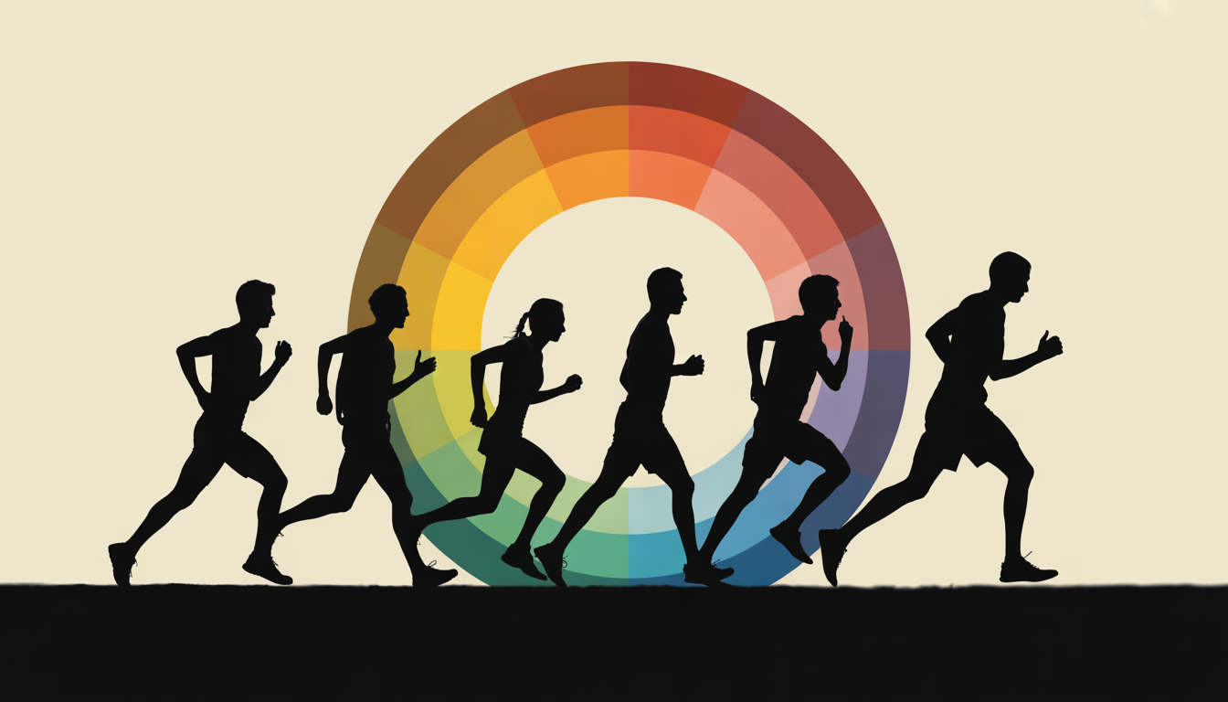 Cercle divisé en 7 zones colorées en dégradé, avec des silhouettes de sportifs marchant, courant et sprintant sur fond neutre.