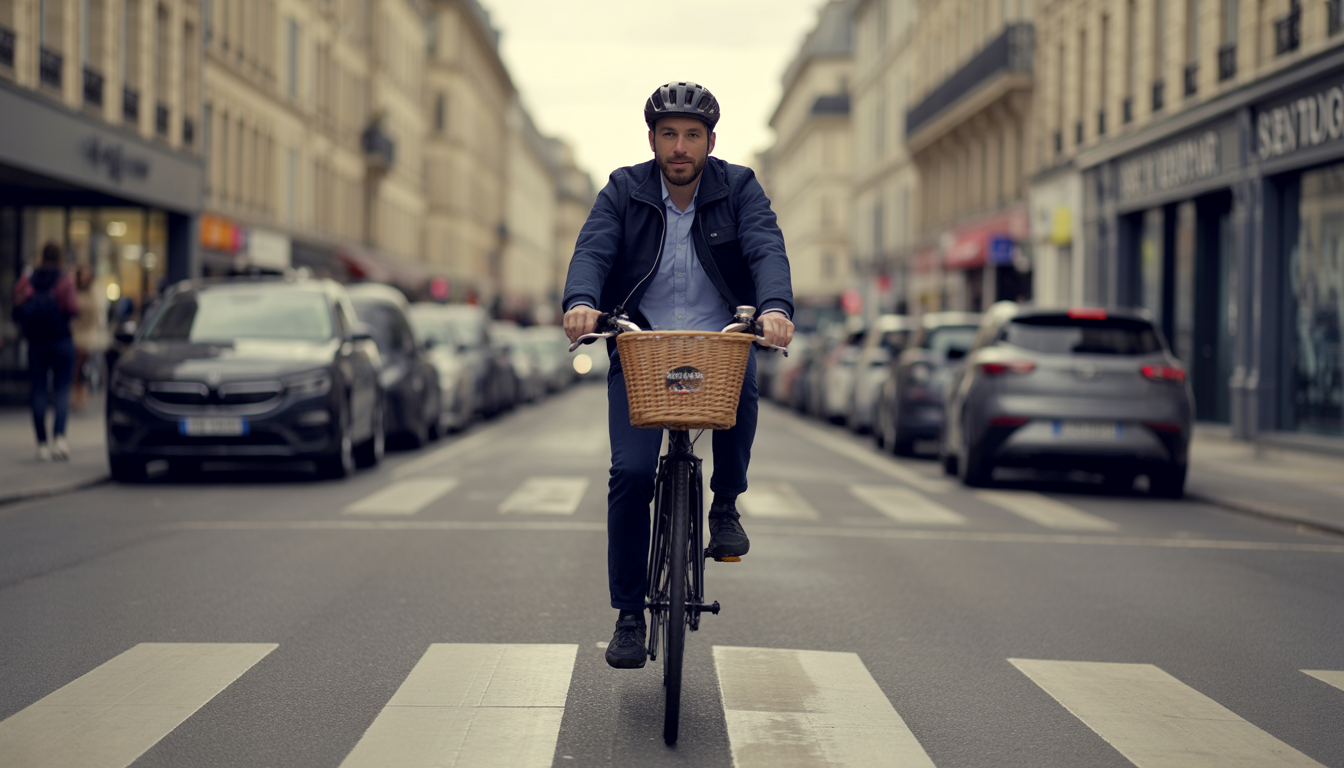 sonnette vélo obligatoire France Vélo urbain en France avec sonnette bien visible sur le guidon, photographié dans une rue moderne avec lumière naturelle.