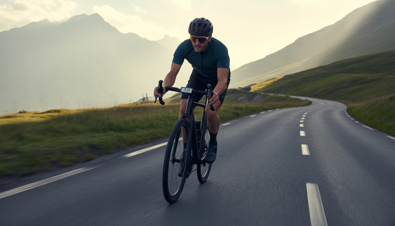 Cycliste en pleine ascension sur une route de montagne alpine, avec pédalage fluide, compteur visible et lumière naturelle.