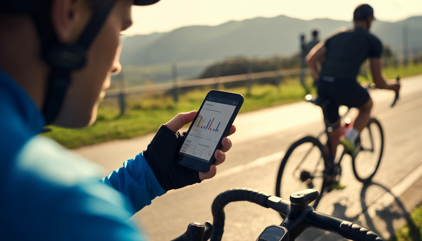 Cycliste vérifiant son smartphone GPS pendant une sortie d’entraînement, avec tableau de bord fitness, graphiques de performance et silhouette de coureur floue en arrière-plan.