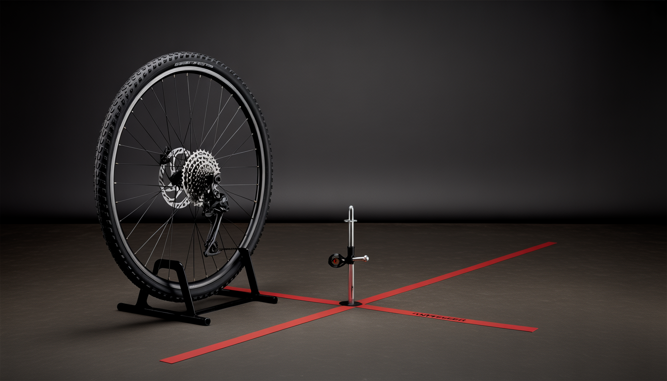 Roue de vélo démontée sur un pied de centrage en atelier, avec témoins de voilage près de la jante, un rayon marqué d’un ruban adhésif et une clé à rayon à proximité.