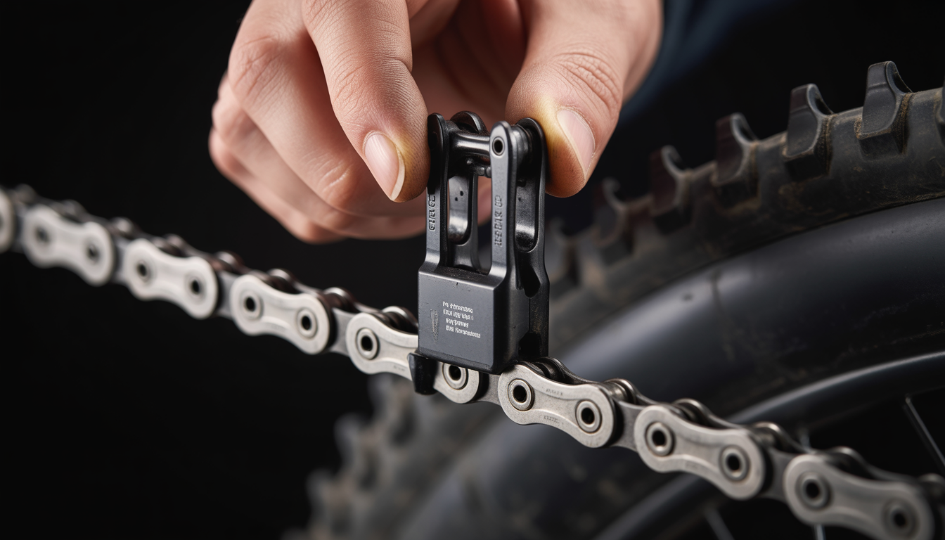 Mesurer usure chaîne outil Gros plan d’un testeur d’usure inséré dans une chaîne de vélo propre, maintenue sous tension par une main.