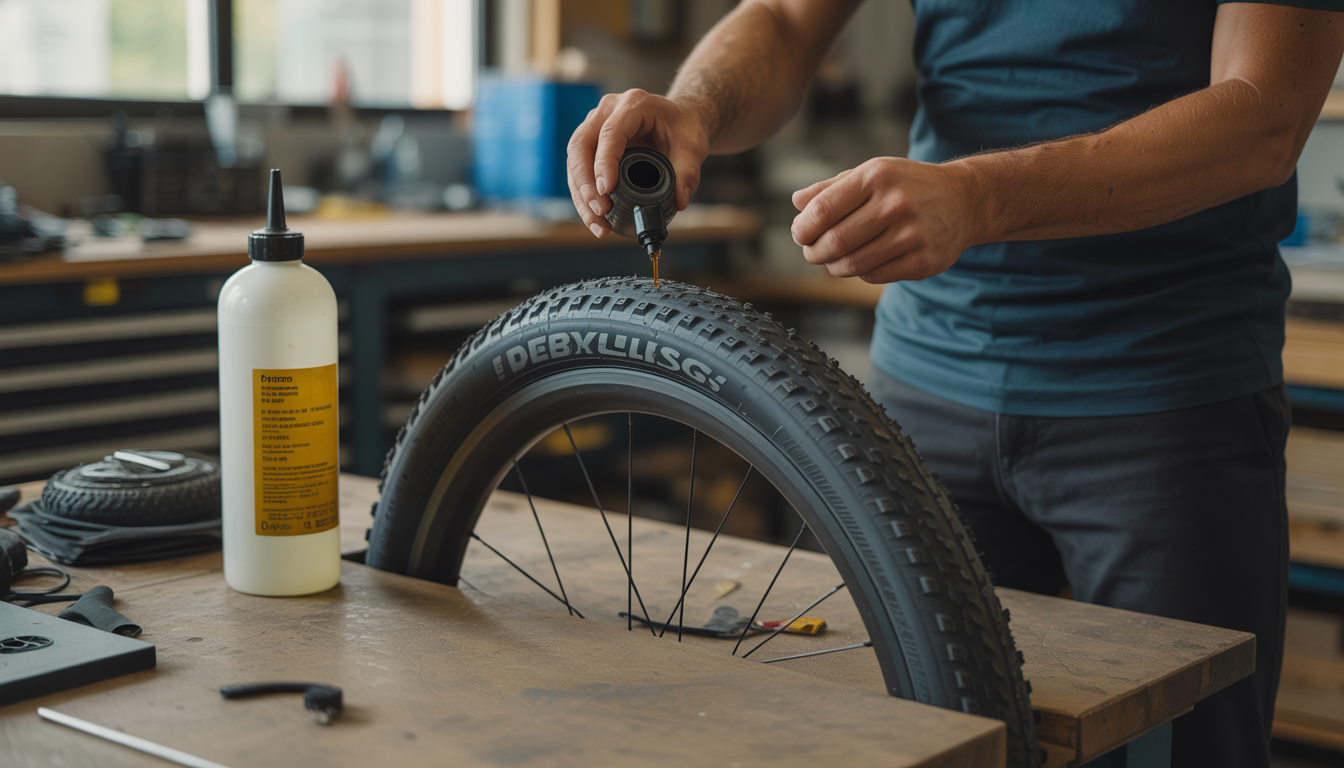 Gros plan réaliste d’un pneu de vélo tubeless avec liquide préventif versé à l’intérieur et un flacon doseur, en atelier.