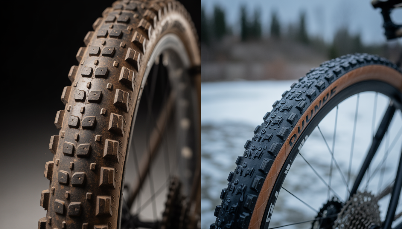 Lubrifiant sec vs humide vélo Comparaison visuelle d’une chaîne de vélo en coupe double : à gauche, chaîne propre et sèche avec film de cire mate sur fond poussiéreux ; à droite, chaîne brillante et collante avec gouttelettes d’eau et traces de boue sur fond humide hivernal.