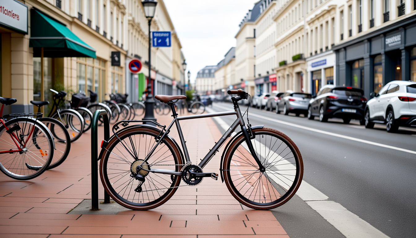 où attacher son vélo en ville Vélo solidement attaché à un arceau dans une rue commerçante fréquentée, avec le cadre et la roue arrière verrouillés par un antivol en U.