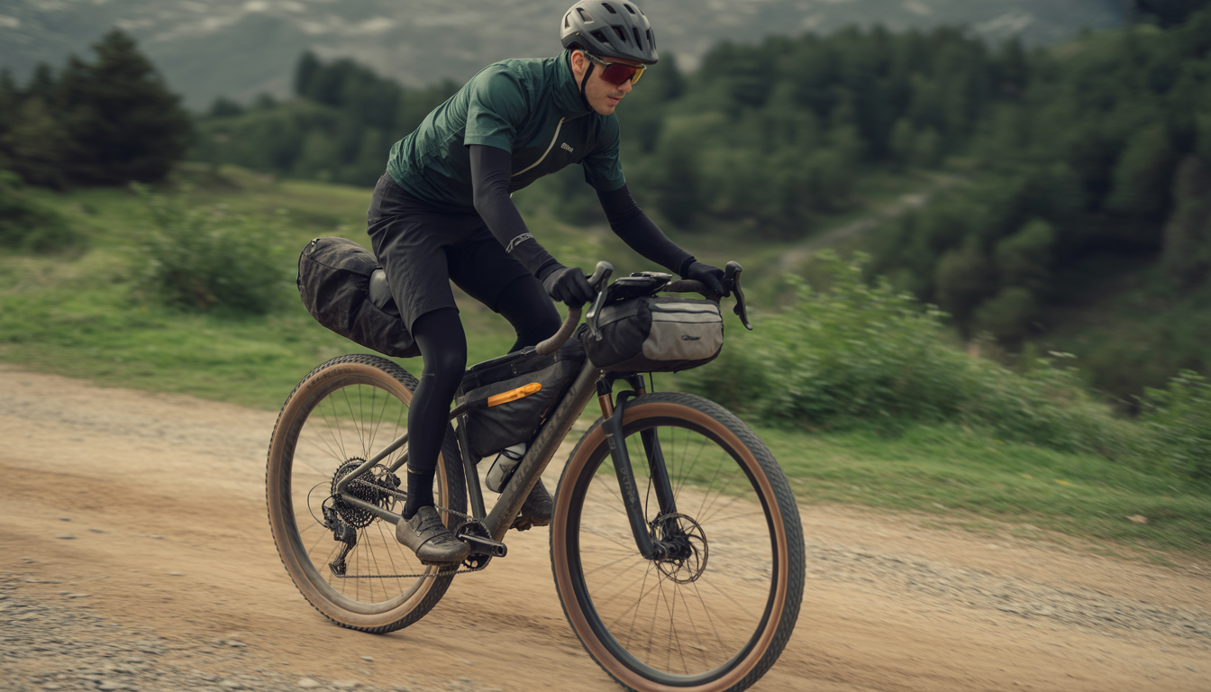 top tube bag utilisation Cycliste roulant sur un sentier gravel avec une sacoche top tube sur le vélo, en lumière naturelle.