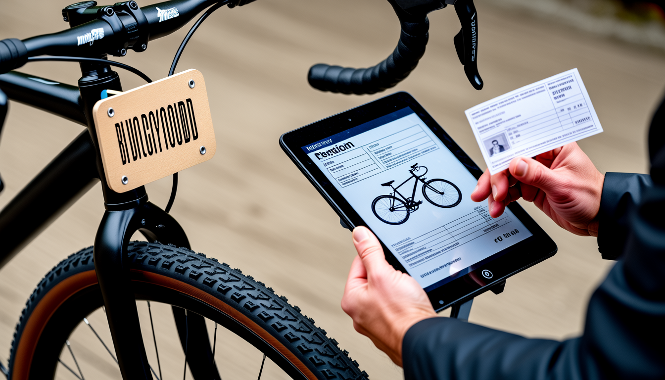 Gros plan réaliste d’un numéro BicyCode gravé sur le tube de selle d’un vélo avec pâte colorée, tandis qu’un vélociste enregistre le vélo sur une tablette en arrière-plan flou.