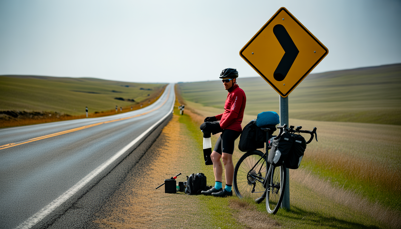 Cycliste en voyage bikepacking reposant près d’un panneau au bord d’une route de campagne vallonnée, avec kit de réparation, poncho de pluie et matériel de camping.