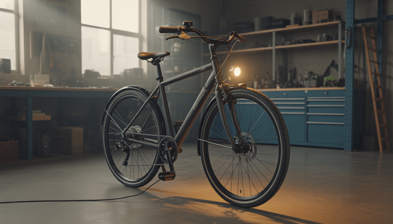 Gros plan d’un vélo avec éclairage à dynamo installé, câblage visible et réglage du système dans un atelier.