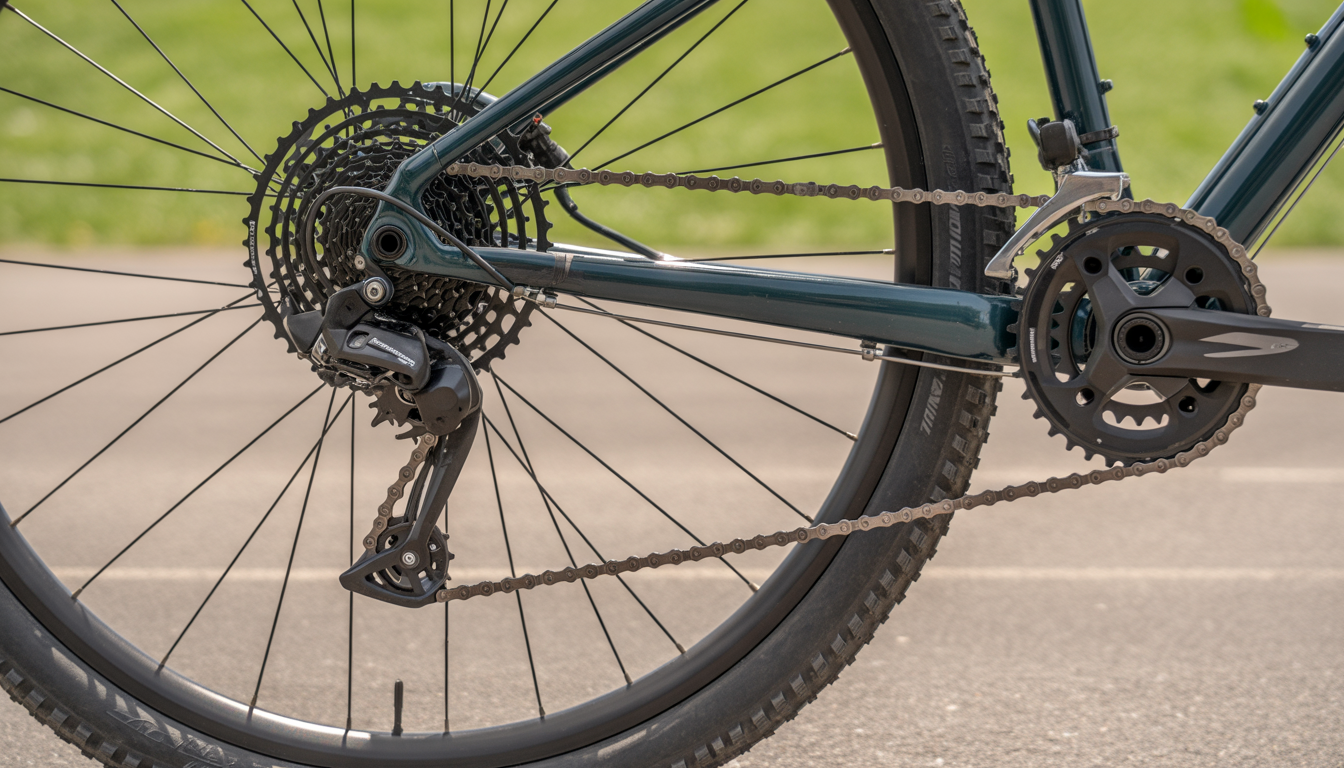 chaîne qui saute diagnostic rapide Photo réaliste d’une chaîne de vélo qui saute hors des pignons, avec transmission arrière légèrement désalignée, dérailleur visible et chaîne sale.