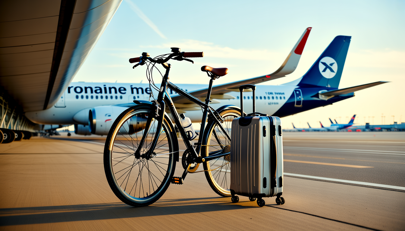 Vélo soigneusement emballé dans une housse de transport à côté d’une valise dans un aéroport, avec arrière-plan flou et lumière naturelle douce.