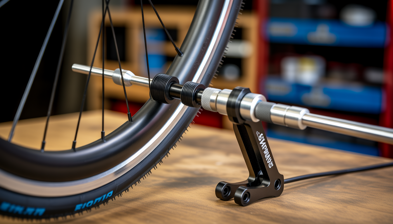 Gros plan d’un tensiomètre de rayon de vélo mesurant la tension d’un rayon sur une jante.