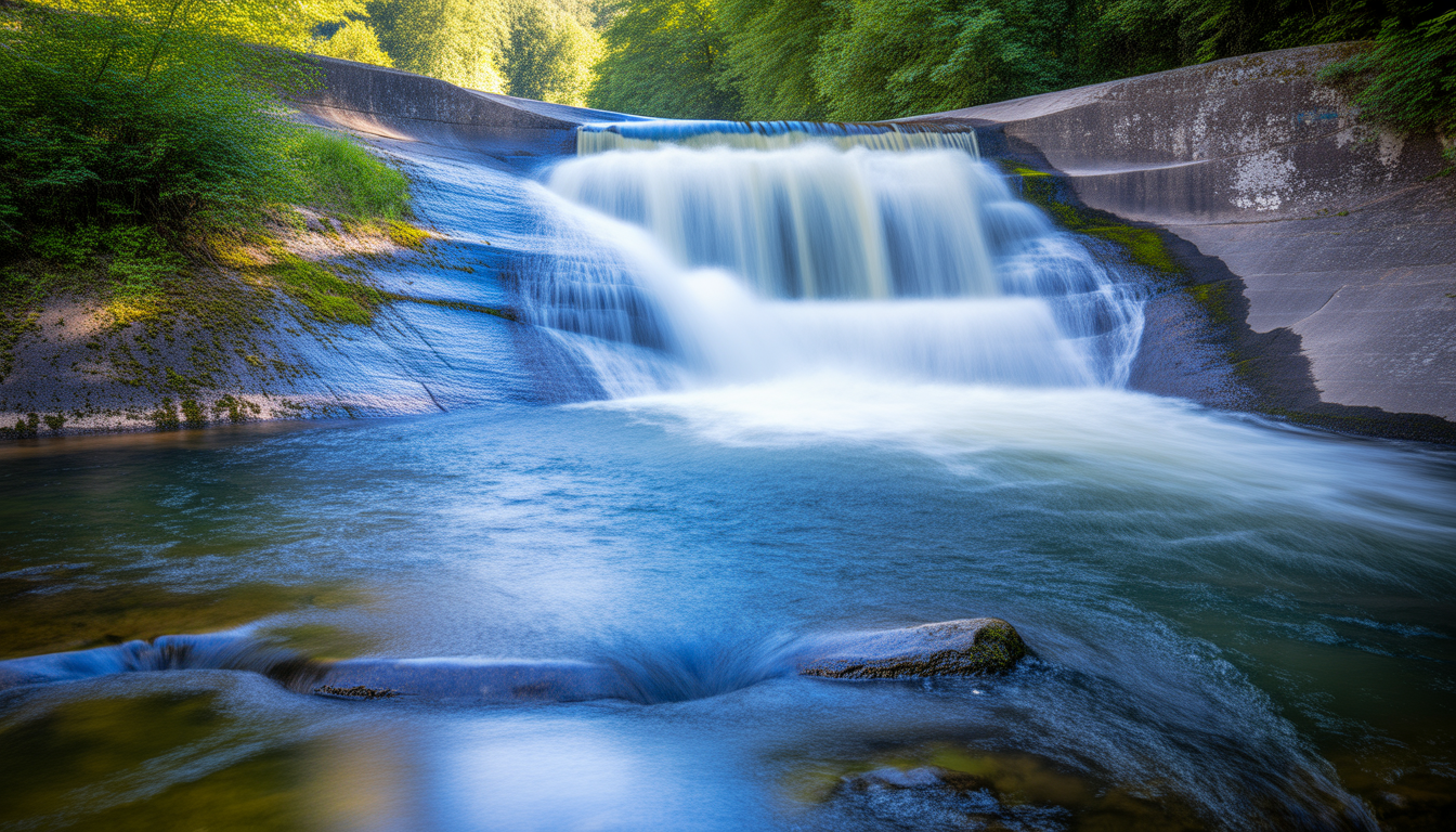 Photographie réaliste d’une cascade en double exposition superposée, avec une partie haute en vitesse lente et flou de mouvement, et une partie basse nette et détaillée.