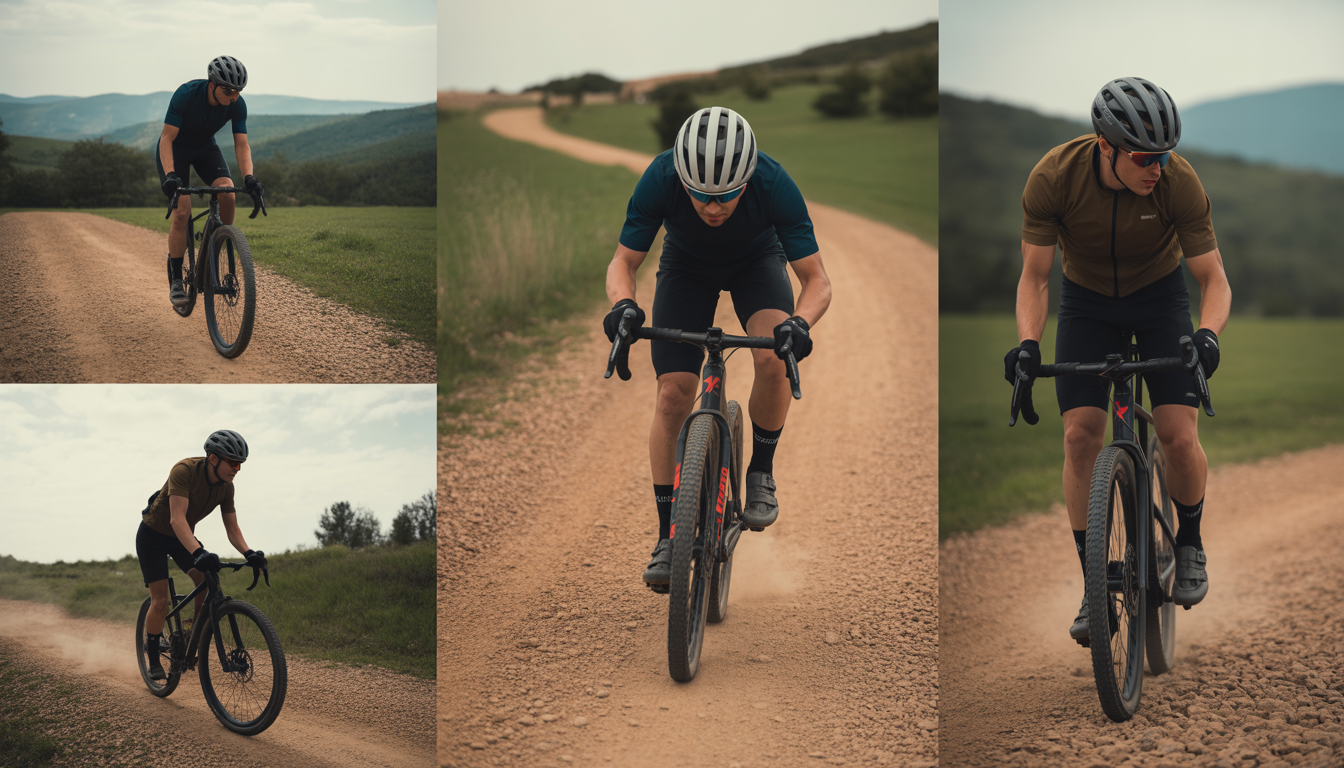 Cycliste gravel ajustant la pression de ses pneus selon trois terrains distincts : route sèche, chemin de gravier et sentier boueux.