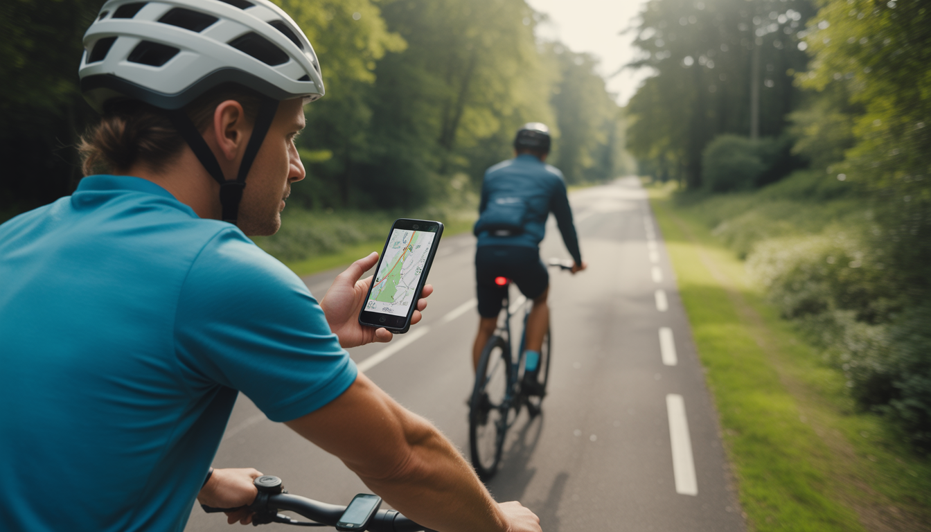 Cycliste utilisant un smartphone avec carte GPS affichée sur un sentier naturel verdoyant, à vélo en mouvement.