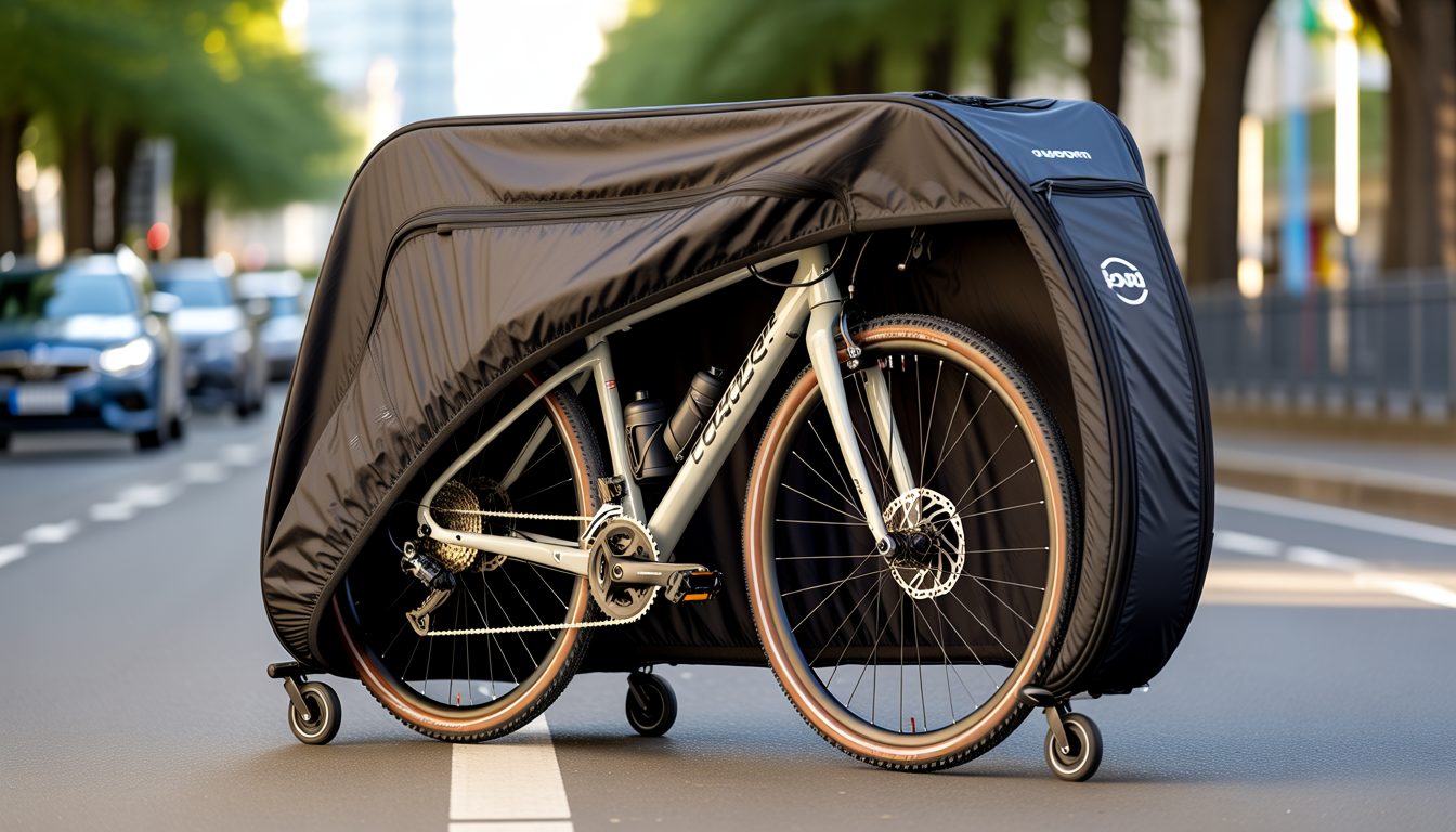 Housse de transport rigide noire pour vélo d’avion, entièrement rembourrée, avec vélo de route démonté et protégé par mousses.