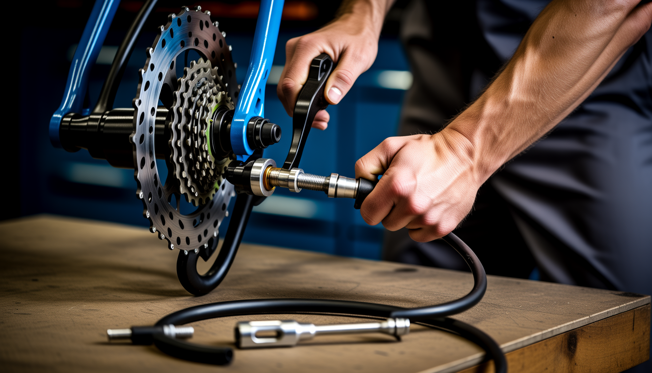 Mains d’un mécanicien effectuant la purge de freins à disque hydrauliques sur un vélo, avec seringues, entonnoir de purge, étrier ouvert et bulles d’air visibles.