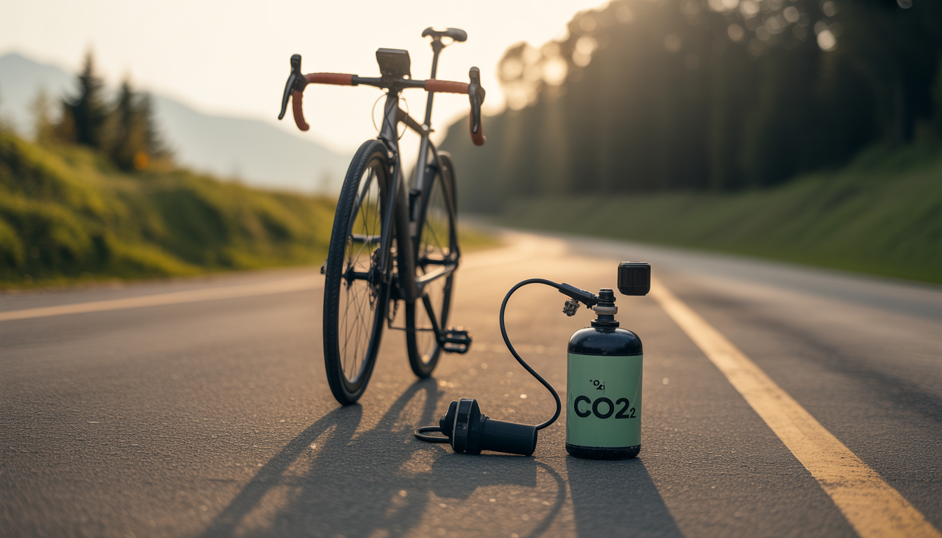 Mini pompe et cartouche CO2 posées à côté d’un vélo de route en extérieur, dans un cadre sportif et réaliste.