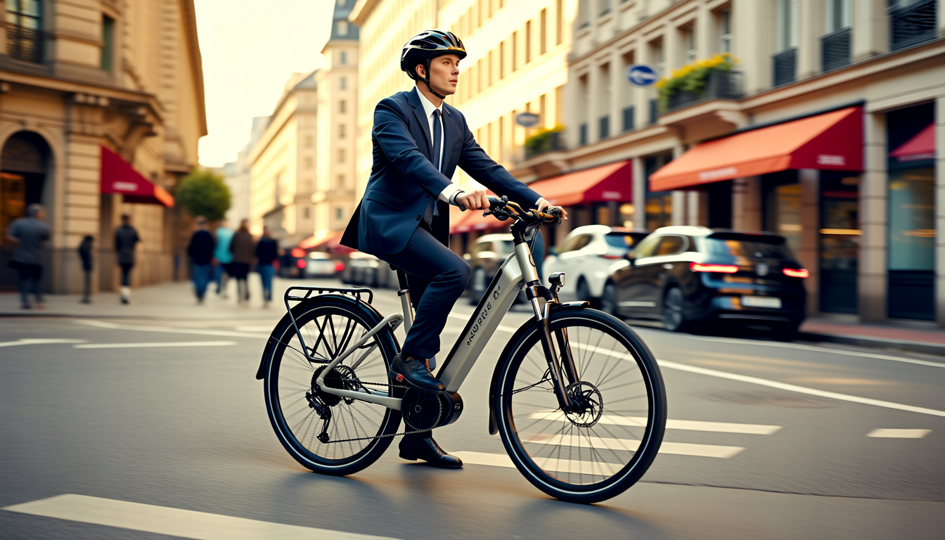 Vélo électrique haut de gamme dans un cadre urbain sécurisé avec un assureur signant un contrat, en photographie publicitaire photoréaliste.