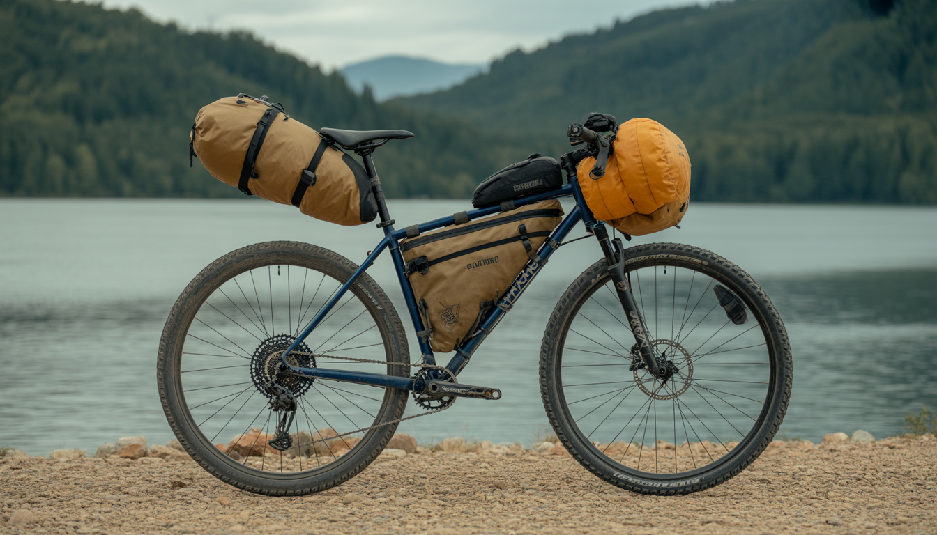 Vélo de bikepacking entièrement équipé vu de profil, avec sacoche de cadre, sacoche de guidon et sacoche de selle, en équilibre visuel.