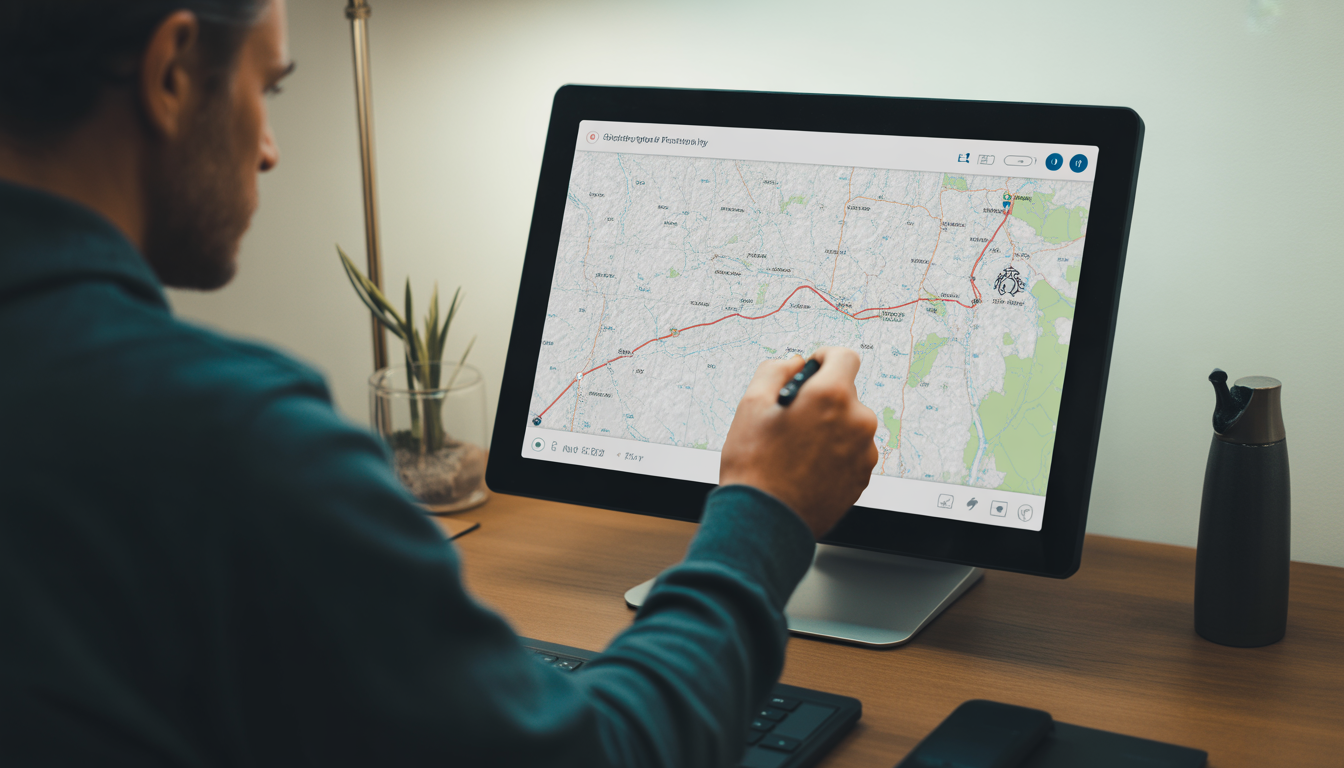 Utilisateur traçant un itinéraire GPX sur une interface de carte numérique avec outil crayon actif pour une activité de cyclisme ou de randonnée.