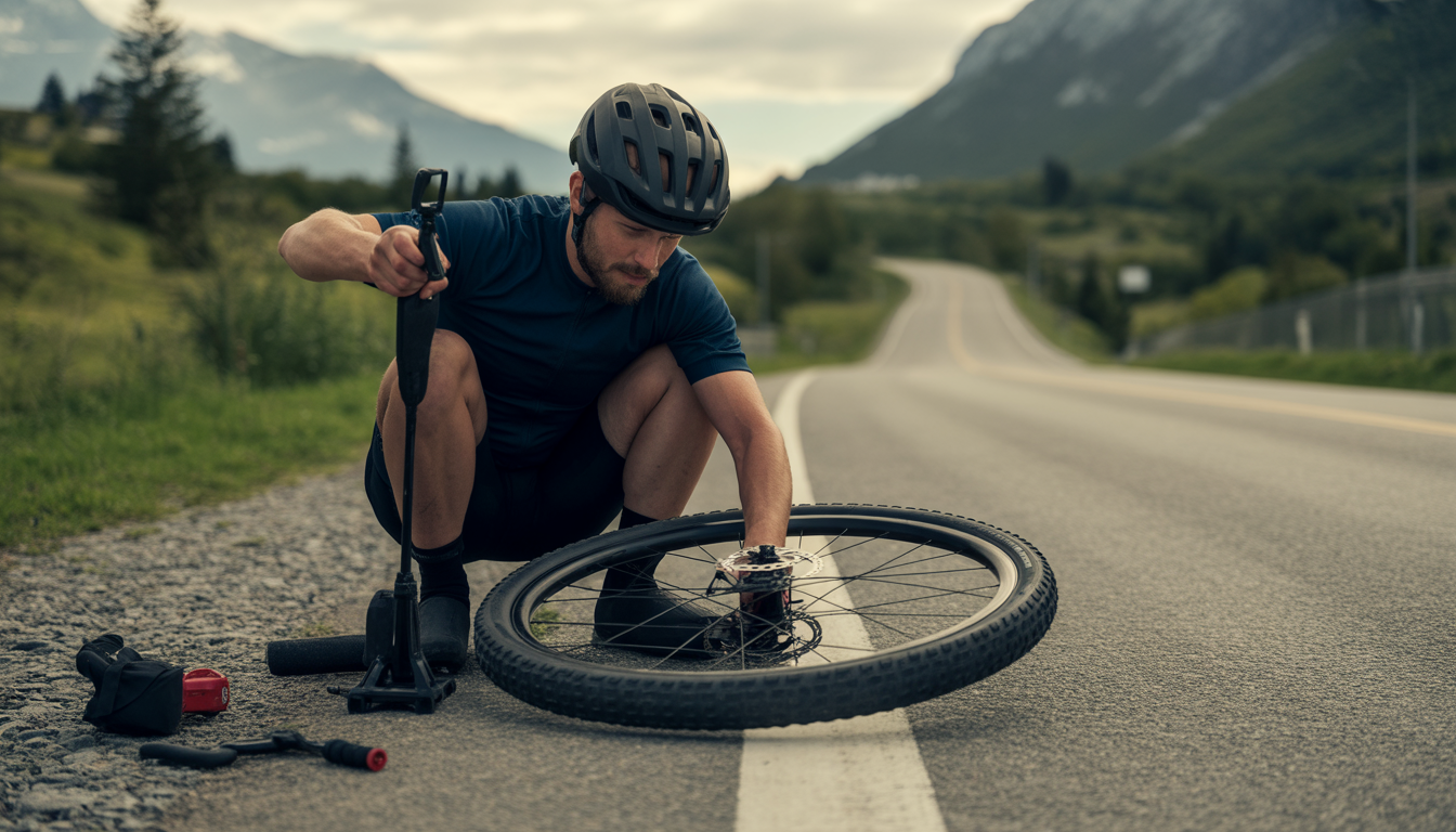 Cycliste réparant un pneu tubeless crevé au bord de la route avec une mèche et une mini-pompe, sur un vélo de route, en lumière naturelle.