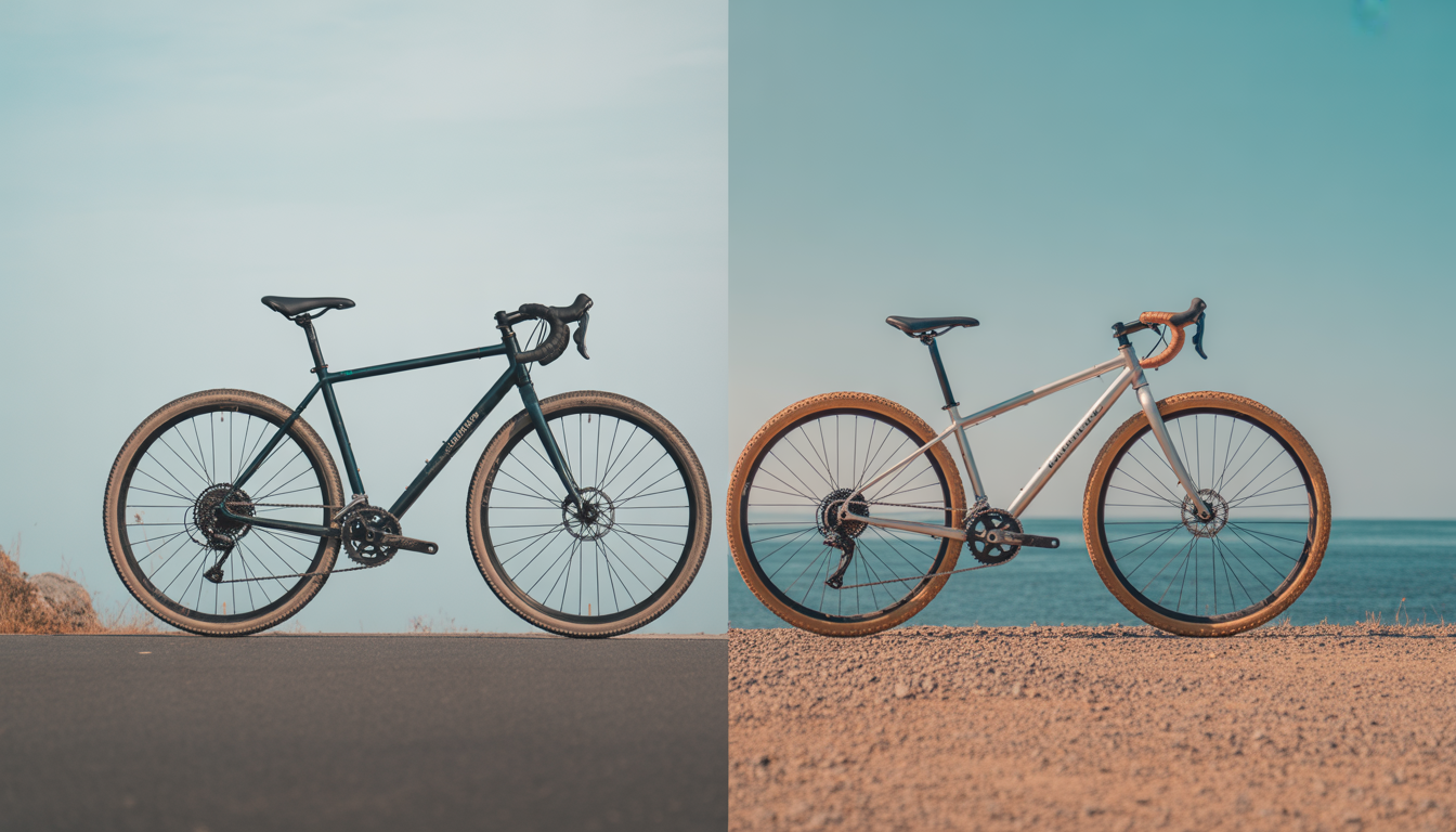 Deux vélos côte à côte sur fond contrasté : un vélo de route fin sur asphalte lisse et un vélo gravel robuste sur chemin de gravier.