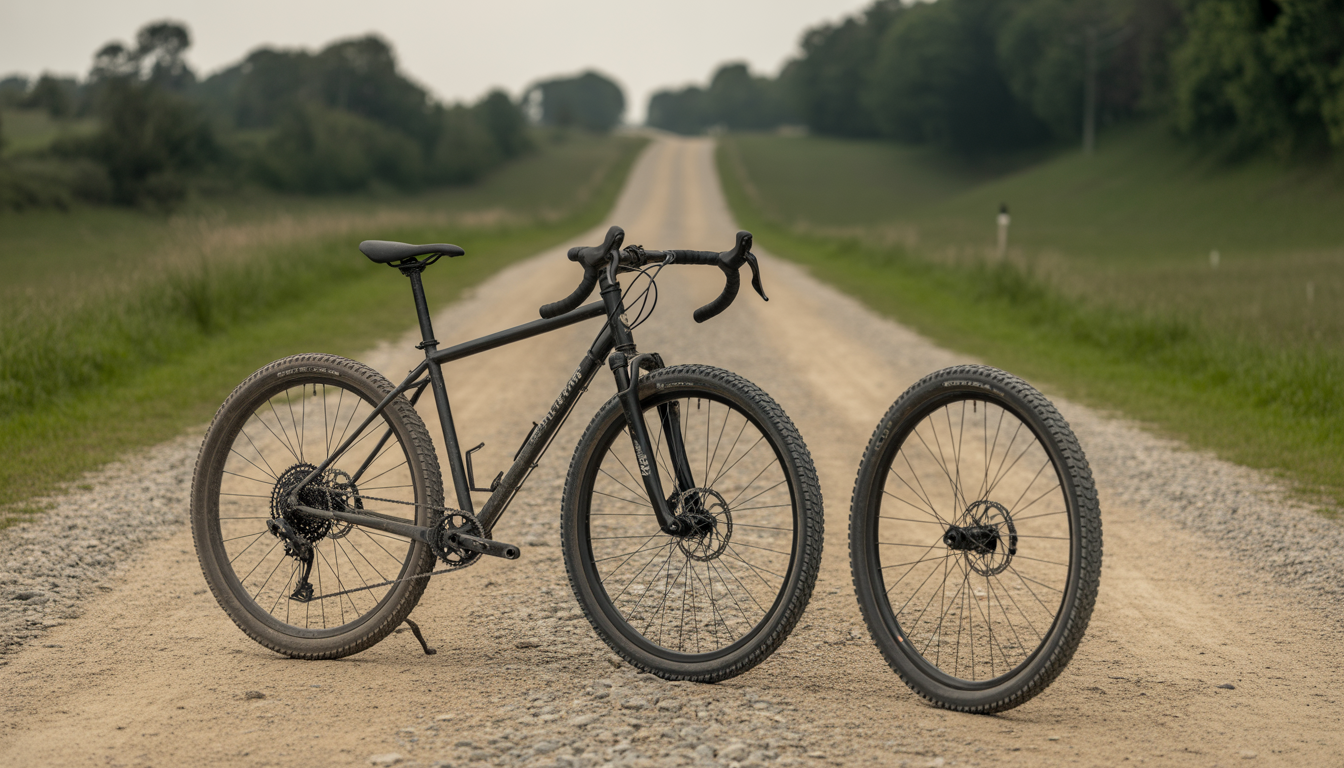 Vélo gravel avec trois pneus de largeurs différentes alignés à côté, sur fond de chemin mixte route et sentier, en lumière naturelle.