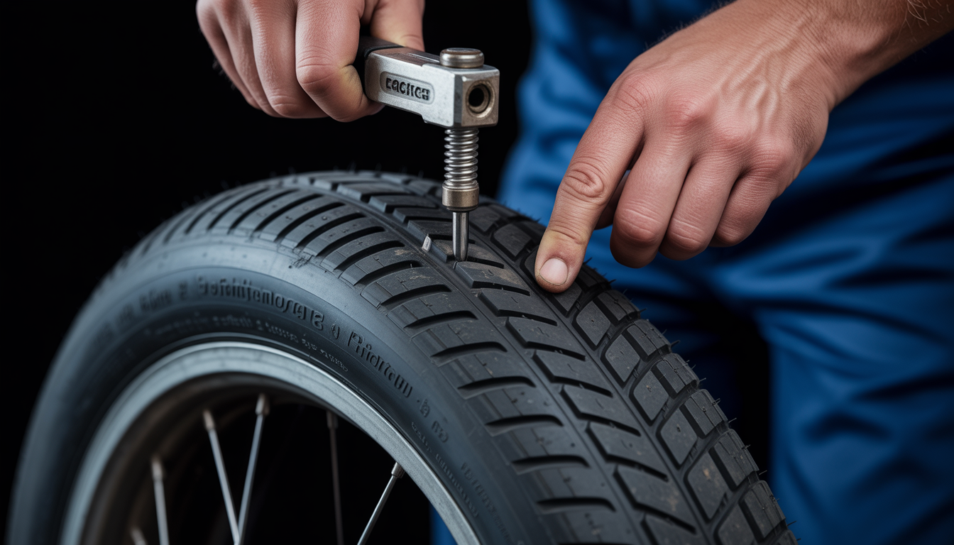 Photo réaliste en gros plan d’une réparation de pneu tubeless avec une mèche insérée à l’aide d’un outil spécifique.