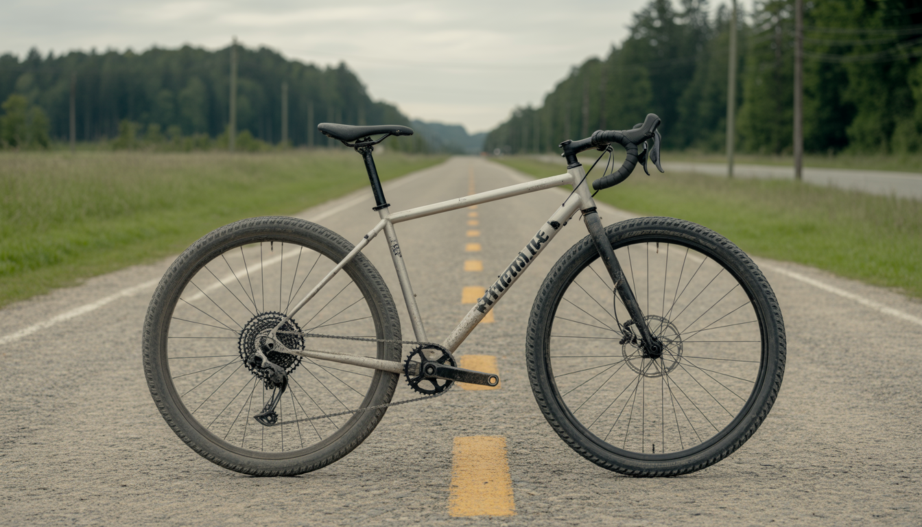 Vélo de route transformé en gravel avec pneus larges et guidon évasé, posé entre une route asphaltée et un chemin en gravier.