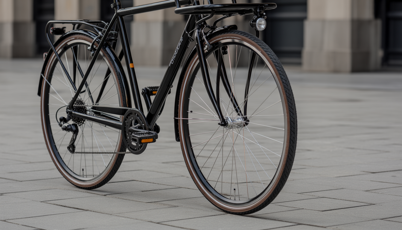 Gros plan photoréaliste d’un vélo urbain avec roue avant et dynamo de moyeu, illustrant un éclairage fiable et un entretien réduit.
