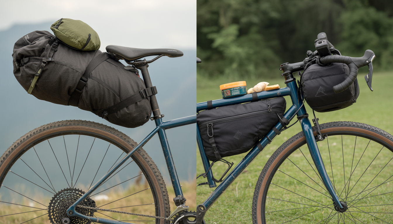 Sacoches cadre vs selle choix Vélo de bikepacking comparant une grande sacoche de selle avec sac de couchage et une sacoche de cadre compacte contenant outils et nourriture.