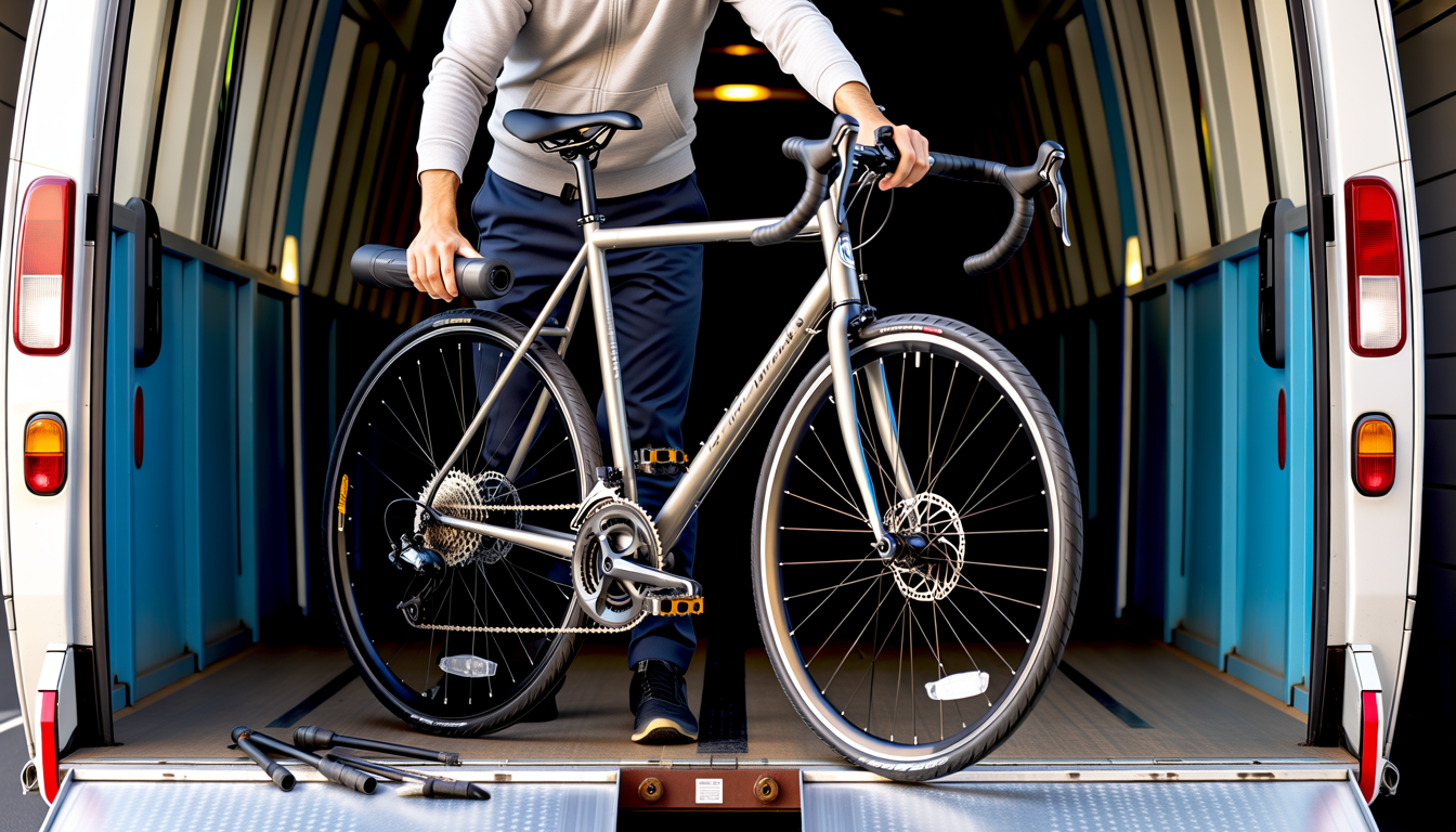 Personne démontant un vélo de route en intérieur pour le préparer au transport aérien, avec pédales retirées, roue avant détachée et dérailleur protégé.