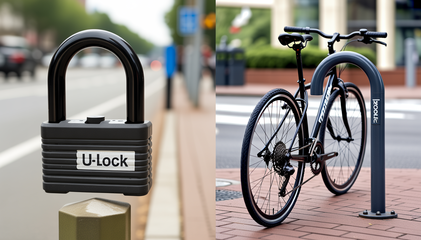 Comparaison photoréaliste entre un antivol vélo en U fixé à un poteau proche et un antivol à chaîne lourd attachant un vélo à un objet plus éloigné, avec revêtement protecteur.