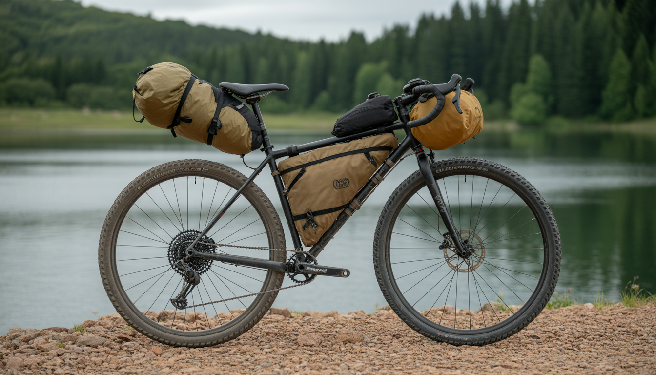 packing minimaliste bikepacking Vélo gravel de bikepacking minimaliste avec trois sacoches essentielles sur un sentier naturel, en photographie réaliste extérieure.