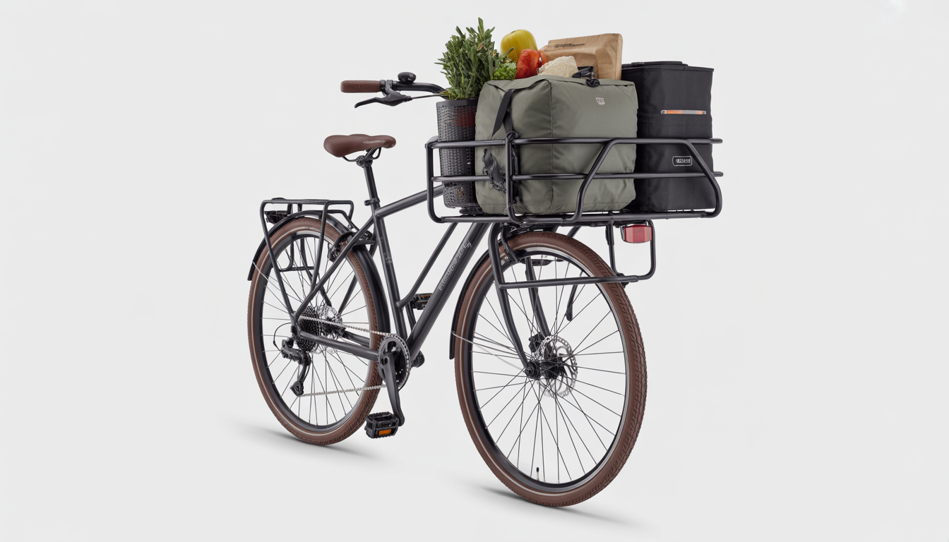 Porte-bagages arrière robuste en métal noir monté sur un vélo de ville avec sacoches chargées et provisions, sur fond studio épuré.
