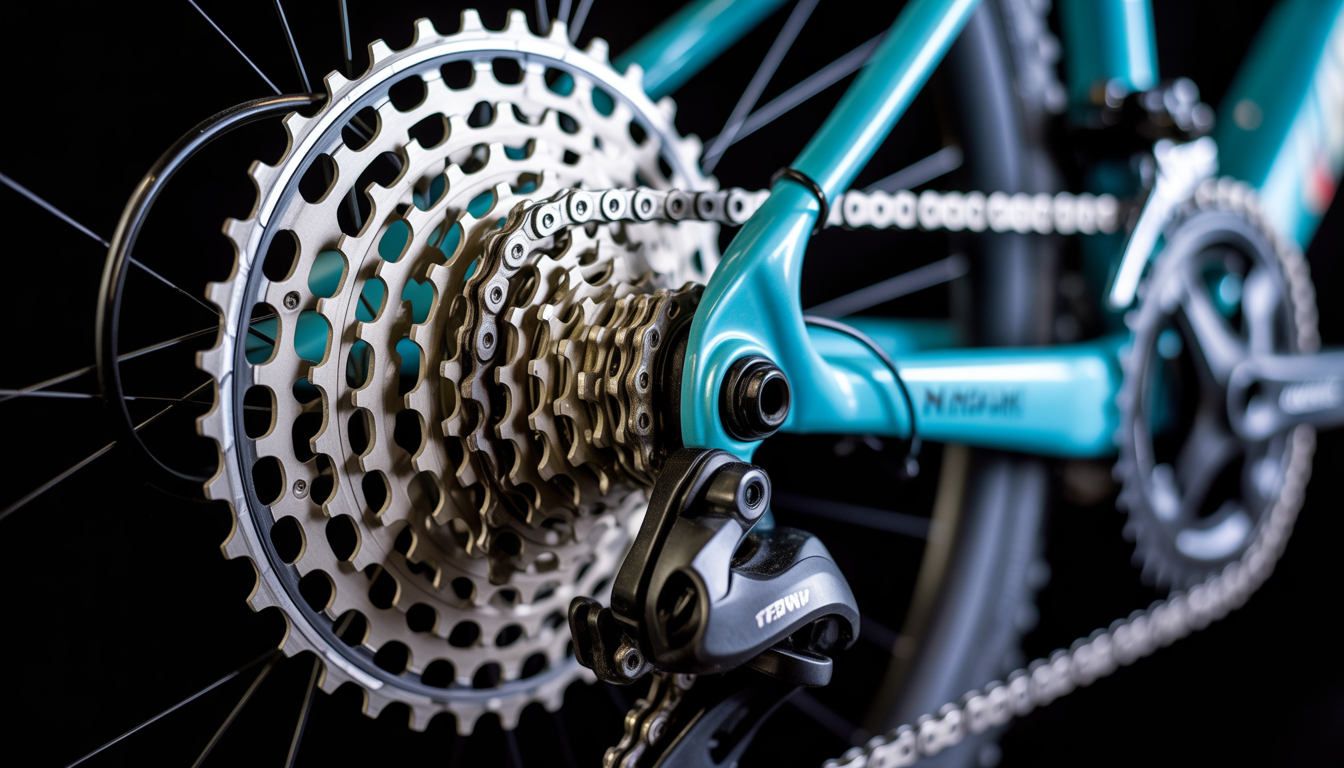 Usure cassette reconnaître Gros plan macro d'une cassette de vélo usée avec dents de pignons asymétriques en forme d'aileron de requin et une chaîne neuve posée dessus.