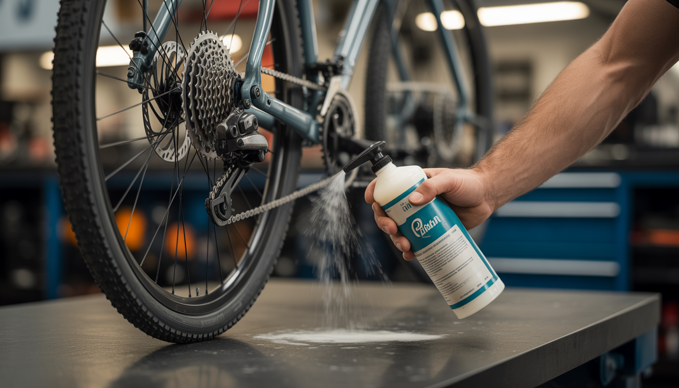 Disque de frein de vélo brillant et dégraissé, essuyé à la main avec un nettoyant sans résidus dans un atelier lumineux.
