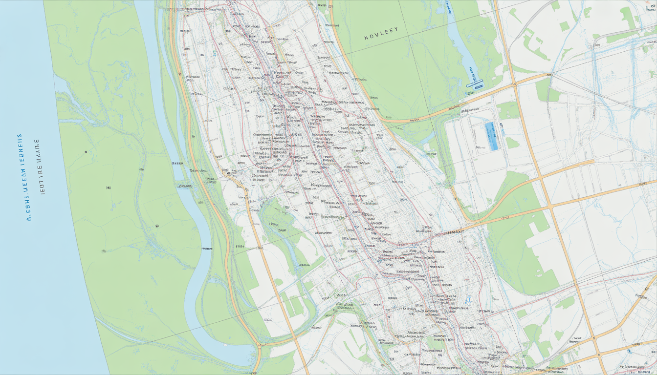 Carte cyclable OpenStreetMap photoréaliste vue du dessus avec itinéraires, pistes cyclables, sentiers et points d’intérêt, sans texte.