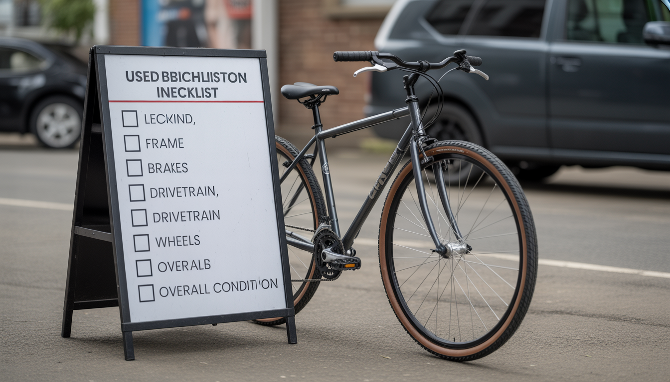 Checklist d’inspection à côté d’un vélo d’occasion examiné, avec mise en évidence du cadre, des freins, de la transmission, des roues et de l’état général.