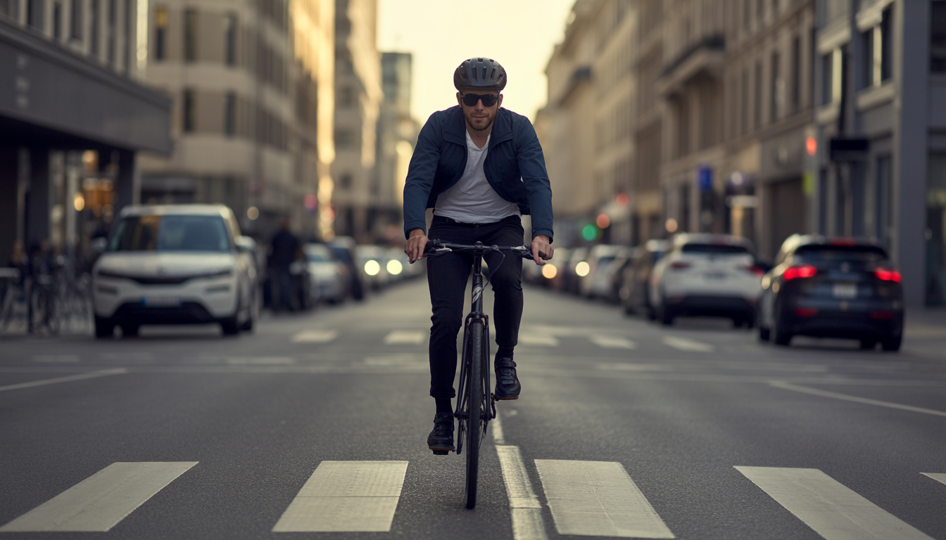 Cycliste roulant en ville avec un vélo bien entretenu sur une rue urbaine lumineuse.