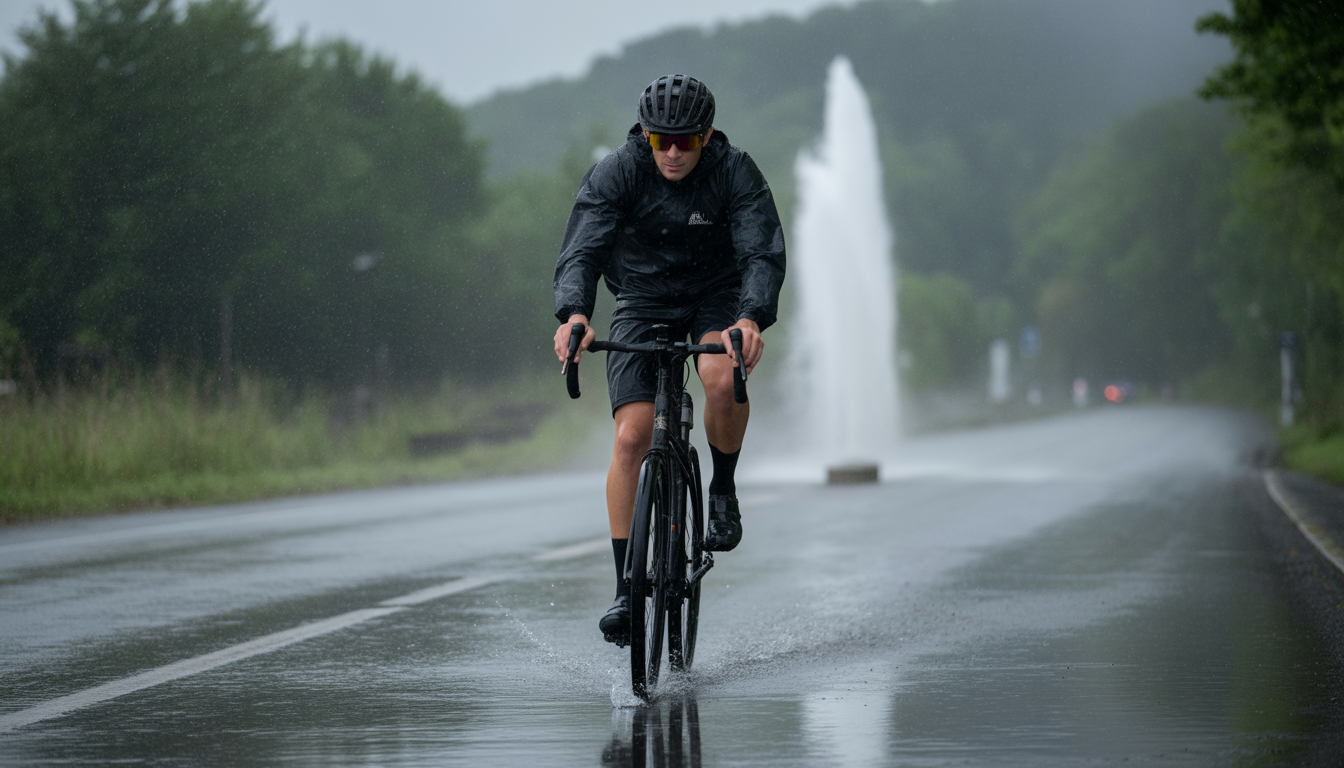 Cycliste portant une veste imperméable et roulant sous une pluie battante sur une route mouillée.