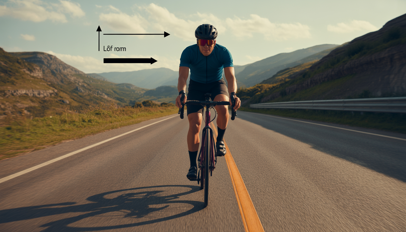 Cycliste de route vu de face avec guidon comparatif et flèche indiquant la largeur des épaules, en studio, cadrage centré et rendu réaliste.