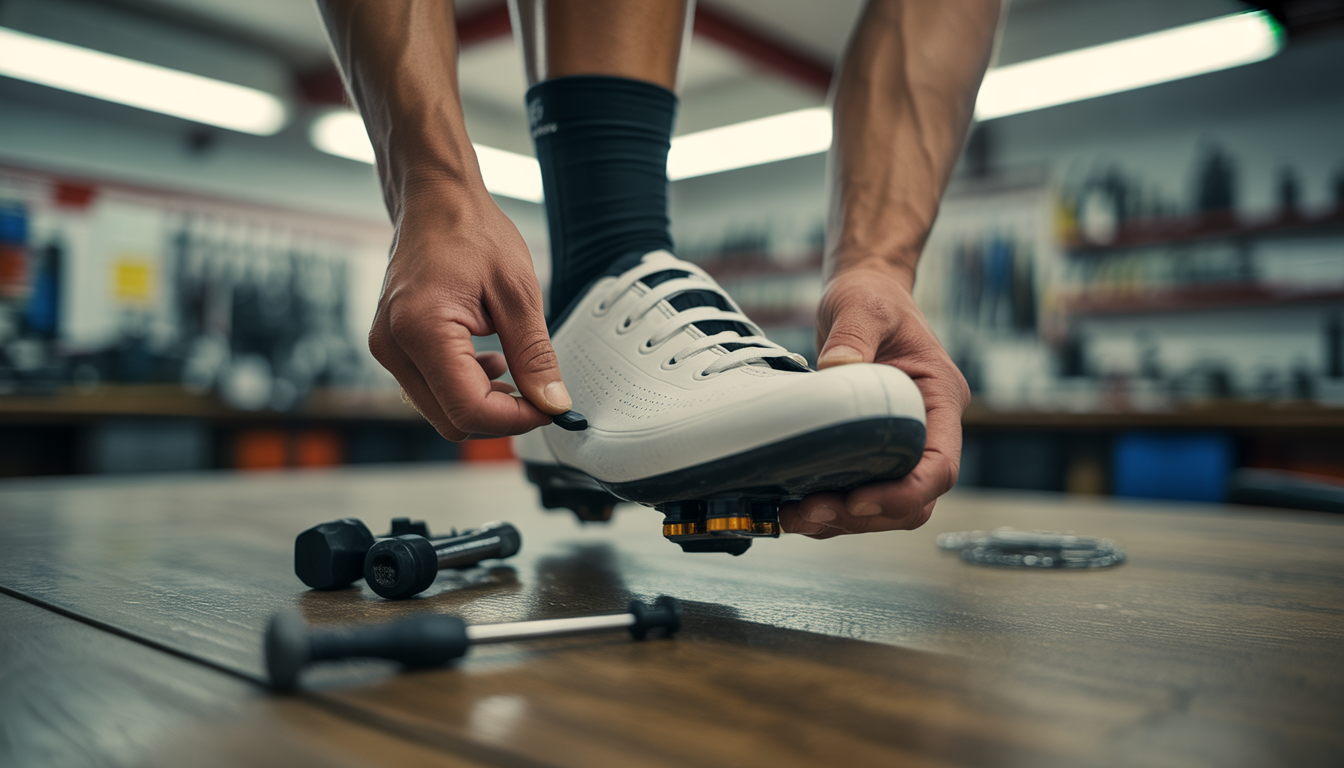 Cycliste ajustant les cales sous une chaussure de vélo avec des outils, en gros plan dans un atelier lumineux.