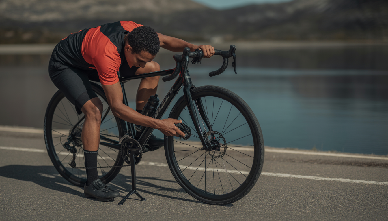choisir pression pneus contre-la-montre Cycliste de contre-la-montre réglant la pression de ses pneus avec un manomètre dans un atelier technique, sur un vélo de route aérodynamique.