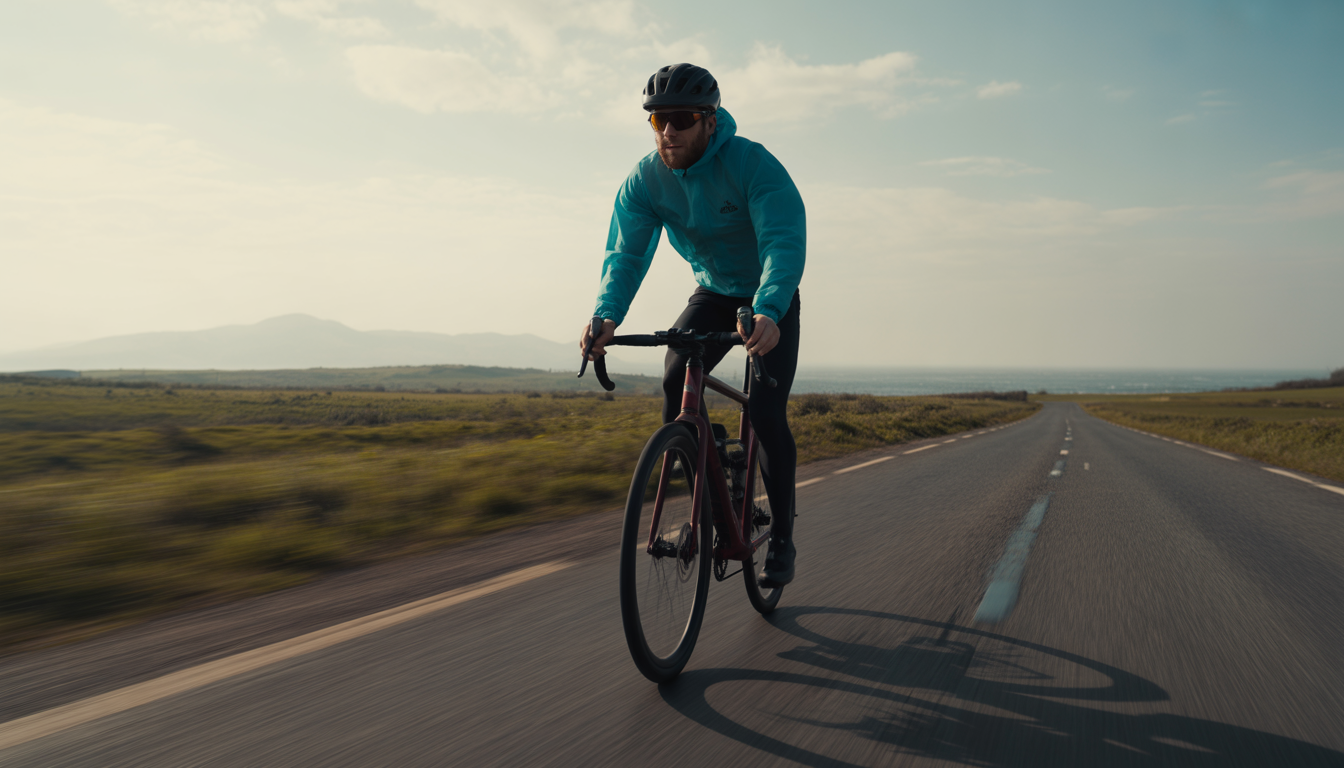 Cycliste en mouvement portant un coupe-vent léger sur une route venteuse, avec lumière matinale froide et effet de flou de mouvement.