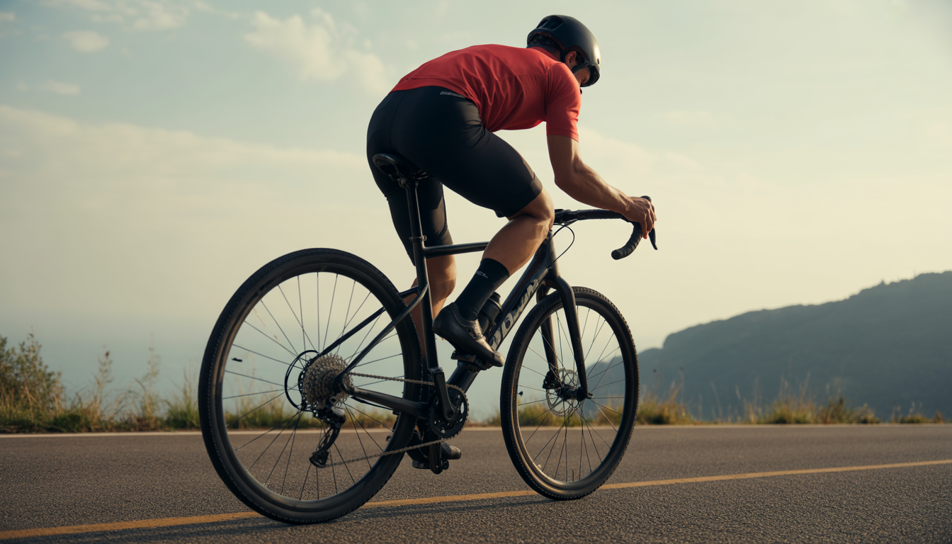 Cycliste vu de profil avec zoom sur le pied, la pédale et l’alignement du genou, en posture de pédalage correcte.